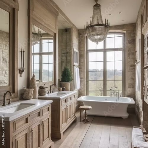 A luxurious French Country bathroom with stone and ceramic textures, boasting a marble-topped double vanity, crystal-frosted sconces, and a soaking tub with a view, generative ai
