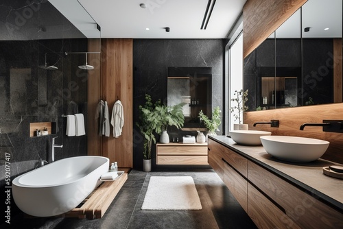 A chic Bathroom with black and white accents  warm Wood and Stone textures  and a glamorous vanity  generative ai