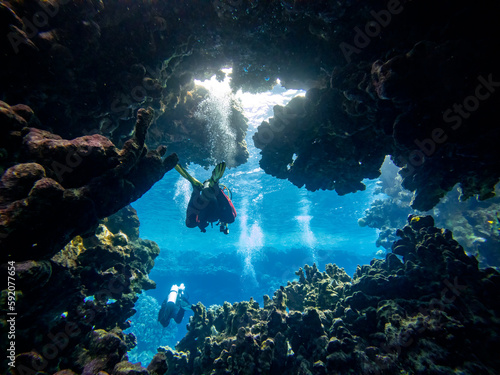 Diving in a coral canyon or cave in the red sea in egypt 