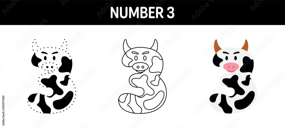 Number 3 tracing and coloring worksheet for kids