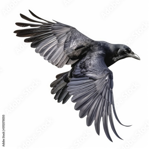 Majestic Crow in Flight on White Background, Generative AI