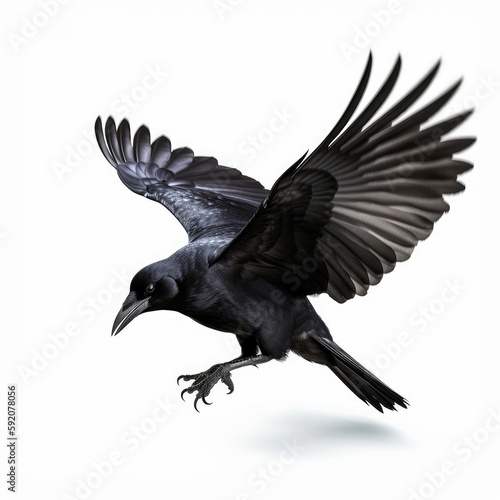 Majestic Crow in Flight on White Background, Generative AI
