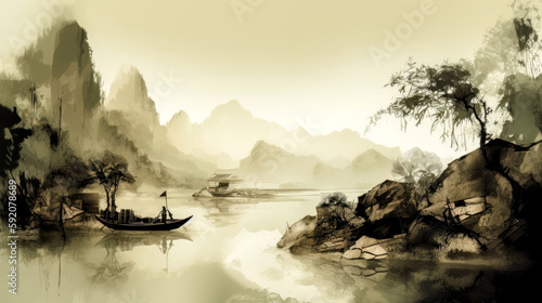 Asiatische Landschaft mit Schiff und Bergen Aquarell Background (Generative AI) Digital Art Kunst Cover Tapete Wandbild Hintergrund