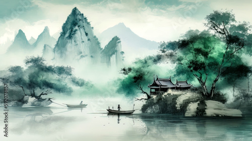 Asiatische Landschaft mit Schiff und Bergen Aquarell Background (Generative AI) Digital Art Kunst Cover Tapete Wandbild Hintergrund © Korea Saii