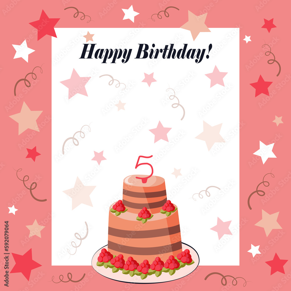 Greeting card with birthday cake on a plate with raspberries and birthday candle number five. Decorated with stars and streamers. Cartoon vector illustration. Greeting card with birthday cake on a plate with raspberries and birthday candle number five. Decorated with stars and streamers. Cartoon vector illustration.