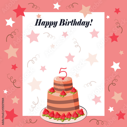 Greeting card with birthday cake on a plate with raspberries and birthday candle number five. Decorated with stars and streamers. Cartoon vector illustration.