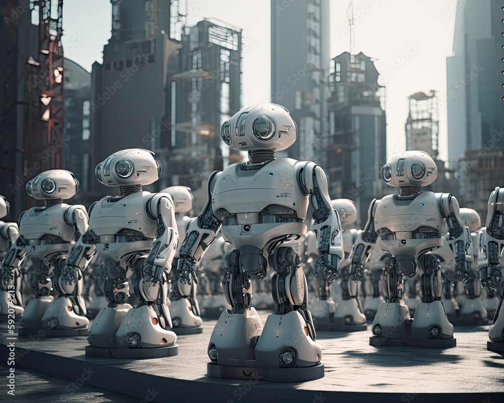Cheerful Robots with Generative AI in a Futuristic Cityscape Cheerful Robots with Generative AI in a Futuristic Cityscape