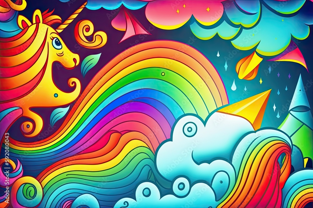 Obraz premium majestic unicorn under a vibrant rainbow with fluffy clouds in the background. Generative AI