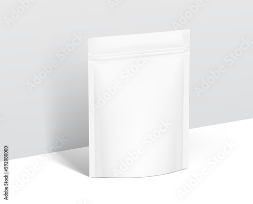 Food pouch bag mockup. Vector illustration isolated on white background. Half side view. Can be use for template your design, presentation, promo, ad. EPS10.	