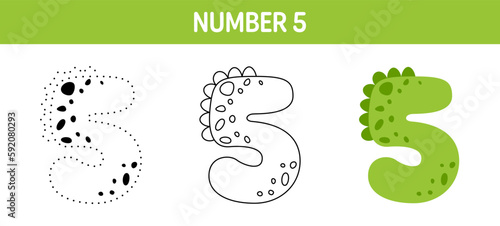 Number 5 tracing and coloring worksheet for kids