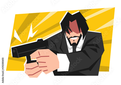 male contract killer smiling and holding handgun. adult male hitman shooting. wear a neat suit. flat vector illustration