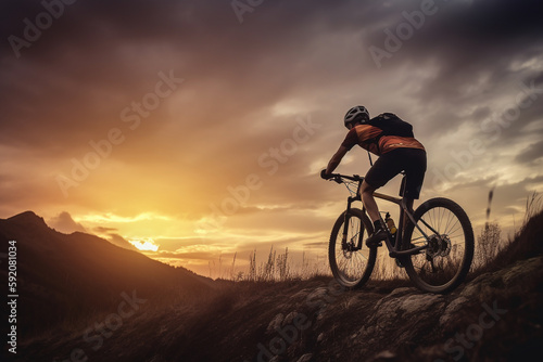 Man on mountain bike against sundown sky © Mkorobsky
