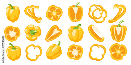 Sweet yellow bell peppers set isolated on white background. Bell peppers in Cartoon style. Vector illustration