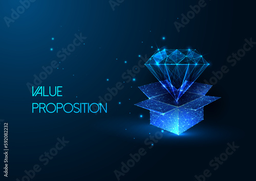 Concept of Value proposition in futuristic glowing low polygonal style with open box and diamond 