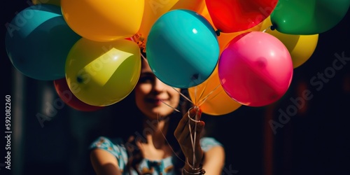 person holding handful of brightly colored balloons with vibrant scene creating sense of joy and happiness, concept of Color psychology and Playful imagery, created with Generative AI technology