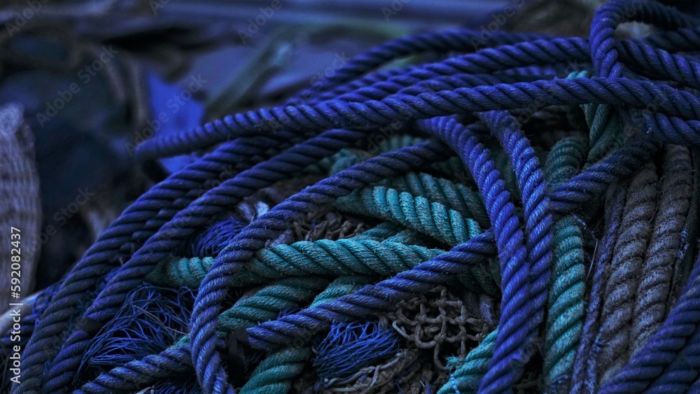 blue industrial rope stacked as background