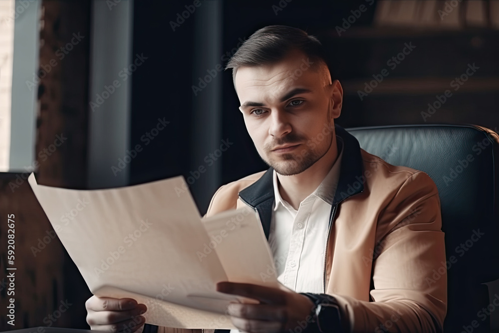 Confident concentrated businessman read paper documents with analyze report at office, created with Generative AI Confident concentrated businessman read paper documents with analyze report at office, created with Generative AI