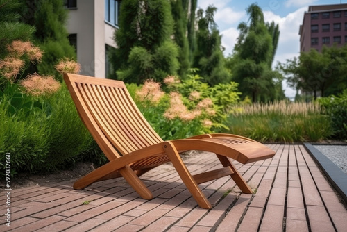 Empty brown wooden deck chair or chaise longue on tile among decorative grass and flowers in recreation area. Garden landscape with chairs in city park. Created with Generative AI