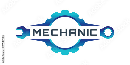 Modern mechanic logo with Gear and wrench logo icon vector Premium Vektor