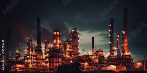 dramatic image of refinery at night with pipes chimneys and smokestacks illuminated against dark sky, concept of Industrialization and Pollution, created with Generative AI technology