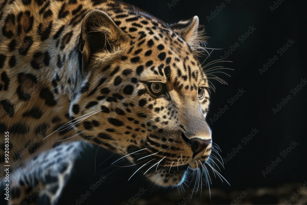 Beautiful leopard. Background with selective focus and copy space. AI generated, human enhanced Beautiful leopard. Background with selective focus and copy space. AI generated, human enhanced