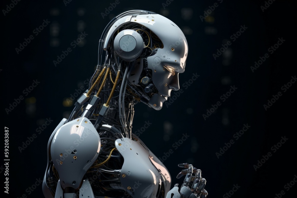 The advanced white robot is processing the information in its mind. AI generated, human enhanced The advanced white robot is processing the information in its mind. AI generated, human enhanced