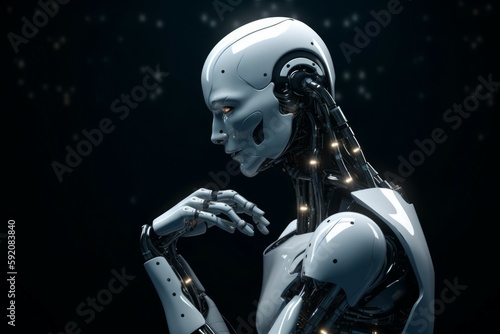 The state-of-the-art white robot is computing the optimal strategy. AI generated  human enhanced