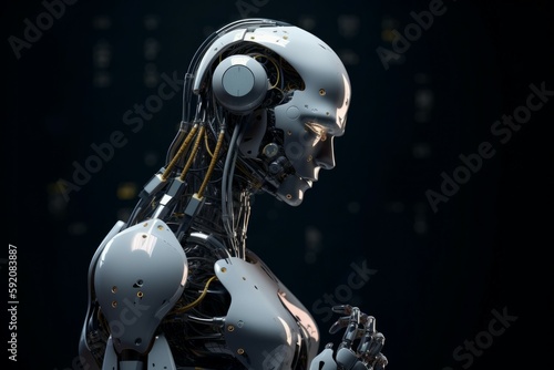 The advanced white robot is processing the information in its mind. AI generated, human enhanced