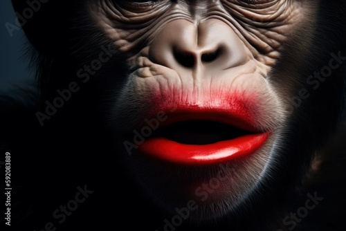 Anthropomorphic funny monkey with lipstick painted lips. AI generated  human enhanced