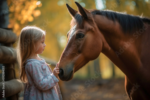 Little girl posing with a horse in a green park, closeup. Generative AI © lanych