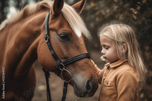 Little blond girl posing with a horse, closeup. Generative AI © lanych