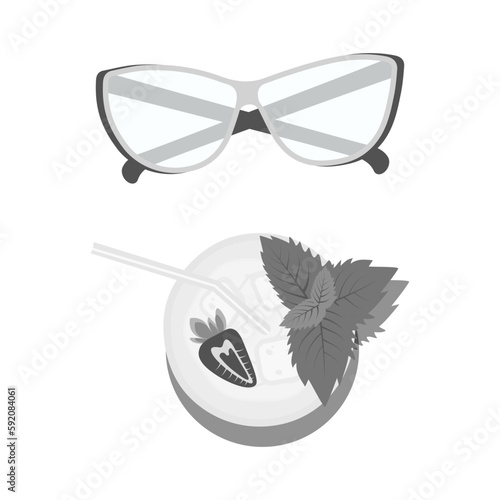 Set of glasses with clear lenses and mojito cocktail with strawberries and mint in grayscale. EPS
