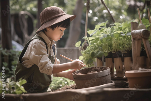 Asian child planting in a garden. Generative AI