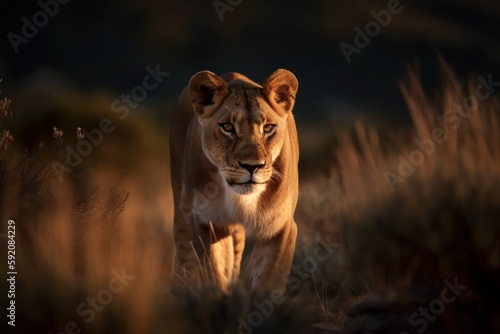 Beautiful lioness in nature in a natural habitat. AI generated, human enhanced