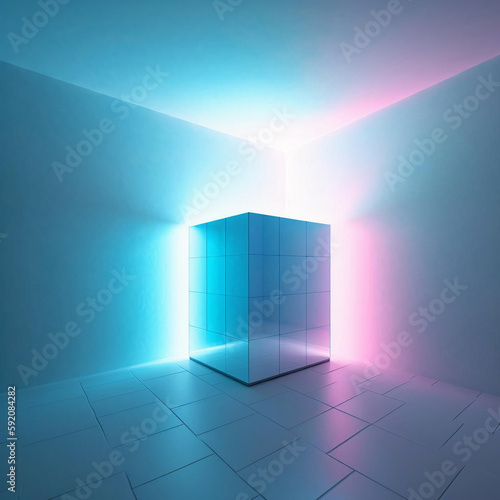 A white light and translucent cube in an imaginary white room