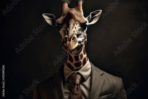 An anthropomorphic giraffe dressed in a business suit like a boss. AI generated, human enhanced