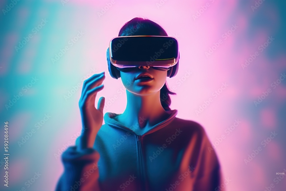 Young woman wearing virtual reality glasses in neon colors. AI generated, human enhanced. Young woman wearing virtual reality glasses in neon colors. AI generated, human enhanced.
