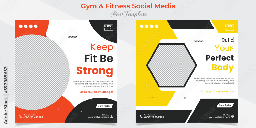 gym zone fitness square flyer post banner and social media post template design package