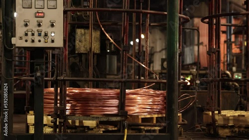 wire drawing, extrusion process, copper cable. Production of copper wire and cable industrial plant, copper wire and cable production in coils industrial plant