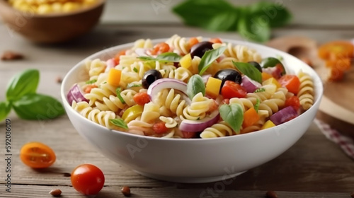 A bowl of pasta salad with a spoon and tomatoes on the side.generative ai