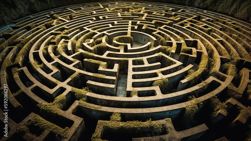  render of a labyrinth in the middle of a green forest.generative ai