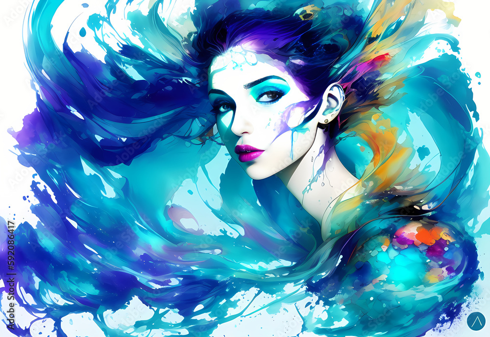 Fototapeta premium abstract colorful underwater ink art of a beautiful woman, romantic lighting, generative ai generativ ki, digital painting, watercolor, aquarelle