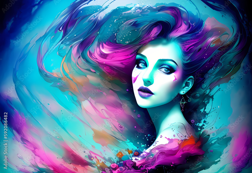abstract colorful underwater ink art of a beautiful woman, romantic lighting,  generative ai generativ ki, digital painting, watercolor, aquarelle