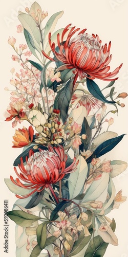 Floral banner, card, mock up. Greeting card with protea Australian natives flowers. Elegant watercolour illustration. AI generated image, post production.