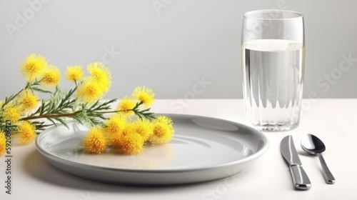 Plate with mimosa flowers and glass of water on grey background.generative ai