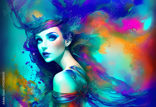 abstract colorful underwater ink art of a beautiful woman, romantic lighting, generative ai generativ ki, digital painting, watercolor, aquarelle