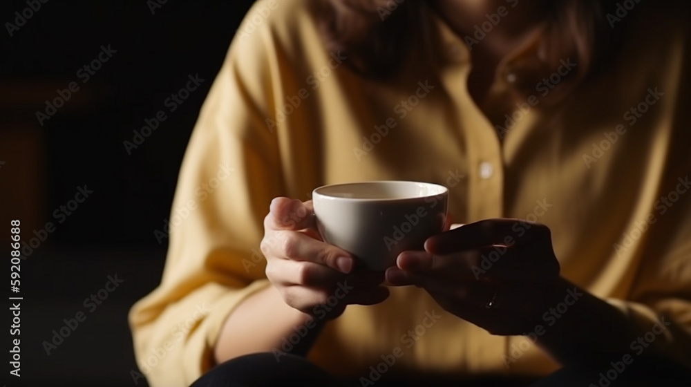 Woman holding a cup of coffee in the dark. Close up.generative ai Woman holding a cup of coffee in the dark. Close up.generative ai