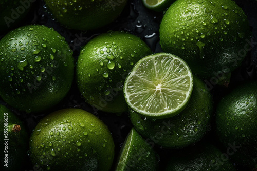 Fresh Lime seamless background, adorned with glistening droplets of water. Top down view. Soft shadows. Generative AI
