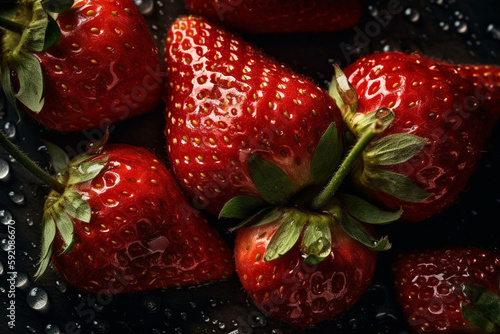 Fresh strawberry background, adorned with glistening droplets of water. Top down view. Soft shadows. Generative AI