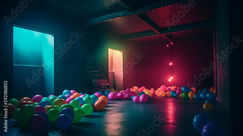 Multicolored balloons on the floor in a dark room.generative ai